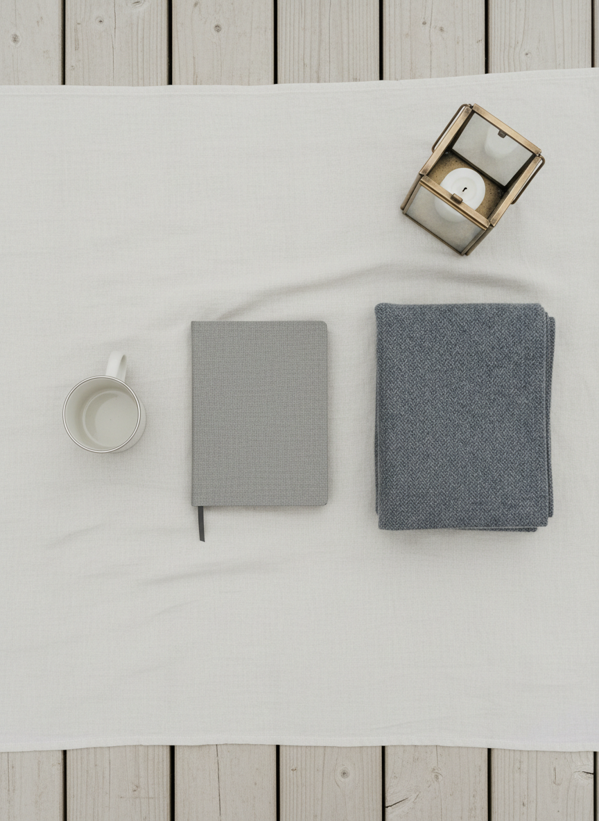 A curated flat-lay arrangement of glamping essentials on a smooth, pale linen blanket spread over light wooden decking. At the center lies a closed, stone-gray hardback notebook with a fine-textured cover, flanked by a matte enamel camp mug in off-white and a neatly folded, slate-colored wool blanket with subtle herringbone pattern. A minimalist brass lantern with frosted glass sits near the edge, its unlit candle visible inside. Soft overcast daylight creates even, diffused illumination with almost no harsh shadows, letting textures speak quietly. Shot from a directly overhead, bird’s-eye view with a carefully balanced, minimalist composition and generous negative space. The atmosphere is calm, thoughtful, and aspirational, emphasizing refined simplicity and understated outdoor luxury in a muted, photographic style.