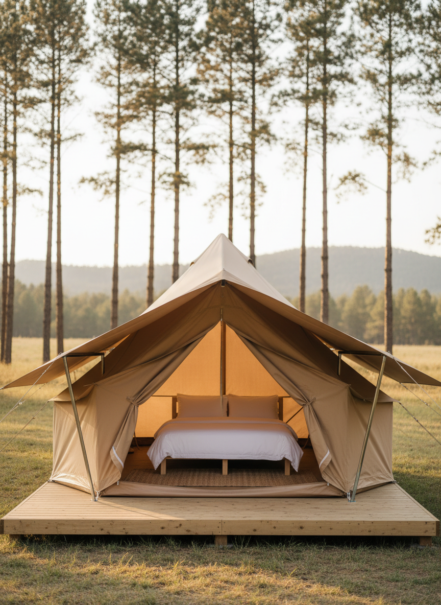 A luxurious canvas glamping tent with a peaked roof and sweeping front canopy, its fabric a soft sand-beige with subtle texture, anchored on a light wooden platform. Inside, glimpses of a neatly made queen bed with crisp white linens and a woven natural-fiber rug are visible. The tent sits at the edge of a quiet meadow framed by tall pines and distant hills. Late-afternoon, diffused golden light softens every edge, creating gentle, elongated shadows. Shot at eye level with a centered, symmetrical composition and shallow depth of field, the background softly blurred. The mood is calm, inviting, and sophisticated, with a photographic realism and minimalist aesthetic in a muted, earthy palette.