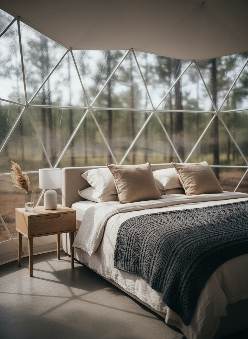 A meticulously arranged interior of a high-end glamping dome, featuring a perfectly made king bed with layered ivory linen bedding, a textured charcoal throw, and two oversized sand-colored pillows. Beside the bed, a minimalist light-wood nightstand holds a matte-white ceramic lamp and a small glass vase with a single dried grass stem. The dome’s translucent geometric panels subtly frame a blurred view of a pine forest beyond. Soft morning light filters through the panels, creating faint angular patterns on the floor and bedding. Shot from a slightly elevated corner perspective, with a balanced, uncluttered composition and shallow depth of field emphasizing the bed. The mood is peaceful, polished, and design-forward, with photographic realism and a muted neutral palette accented by gentle shadows and soft highlights.