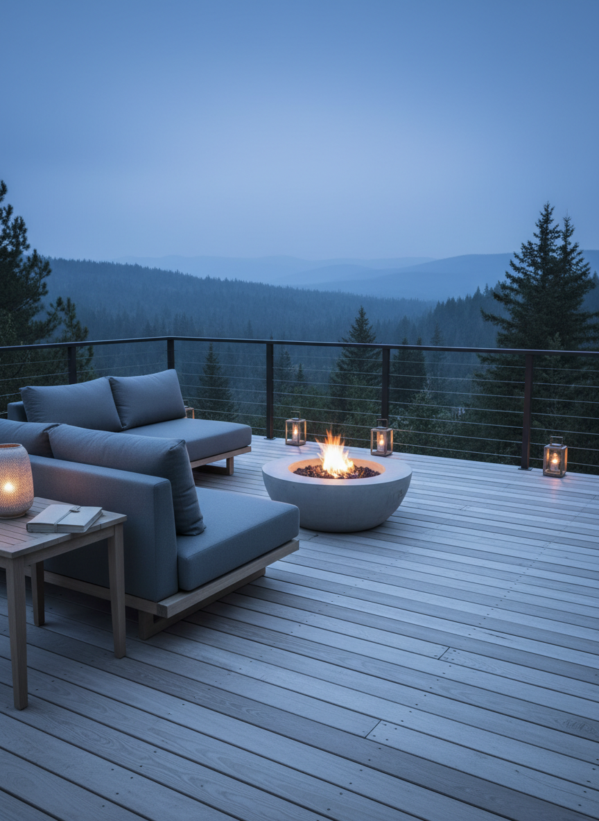 An elegantly styled glamping deck overlooking a tranquil forested valley, featuring a low-profile, slate-gray outdoor sofa with clean lines and plush cushions arranged around a minimalist fire bowl of smooth concrete. A small, light-wood side table holds a ceramic lantern and a closed linen-bound travel journal. The deck’s wide planks are pale, weathered timber with subtle grain. Soft blue-hour light gently silhouettes the distant treetops, while warm, dim lanterns along the deck railing cast understated pools of light and delicate shadows. Captured from a slightly elevated angle using the rule of thirds, with sharp focus on the seating area and a softly fading horizon. The atmosphere is serene, refined, and quietly luxurious, in a muted, cool-toned color scheme with photographic realism.