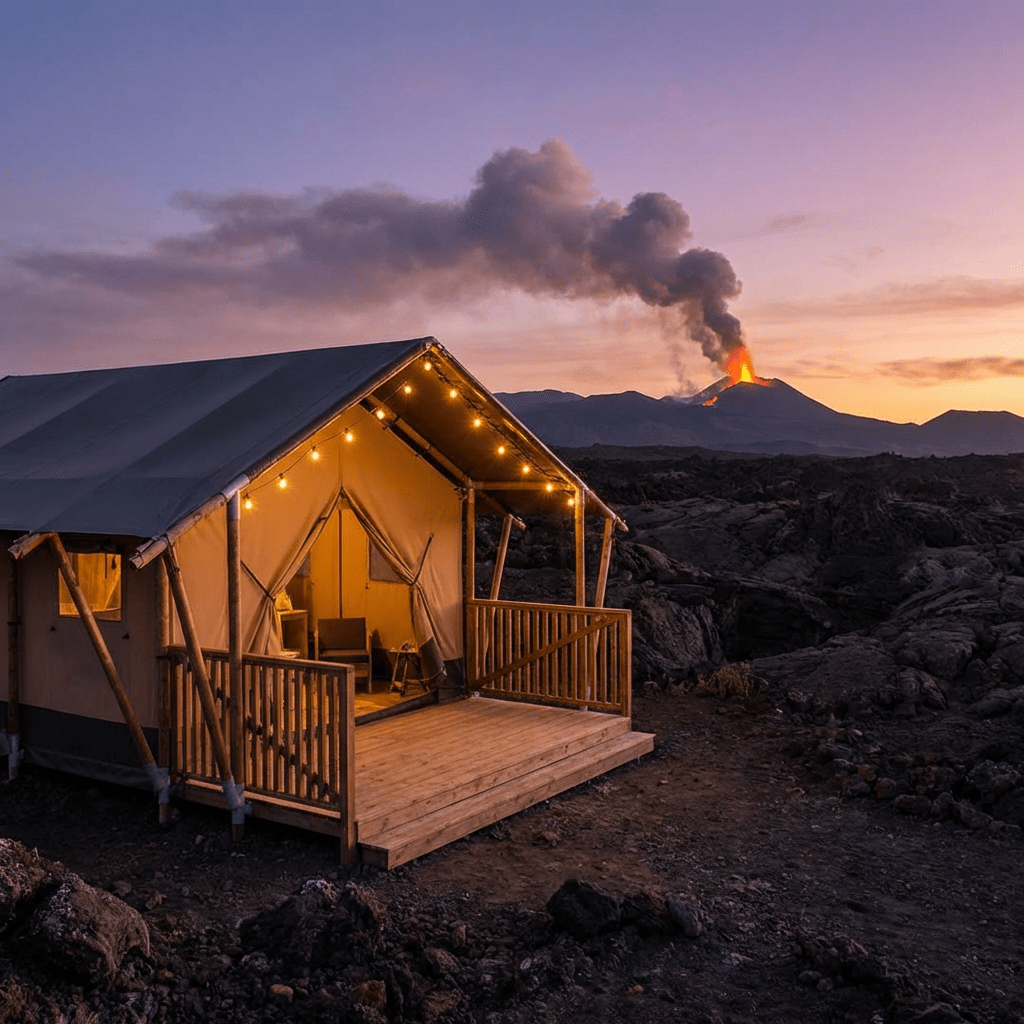 Luxury tent lit with fairy lights facing an erupting volcano during twilight.