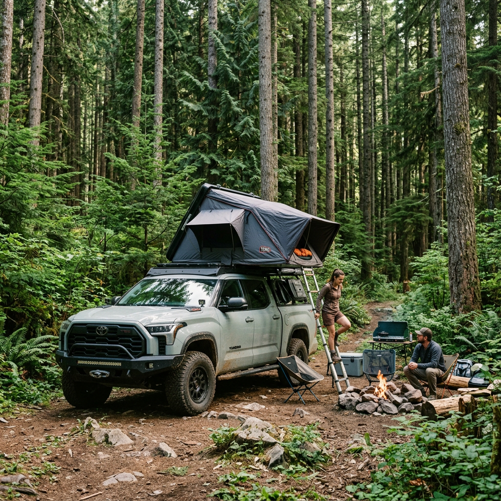 Off-road vehicle with rooftop tent and couple camping by campfire in forest
