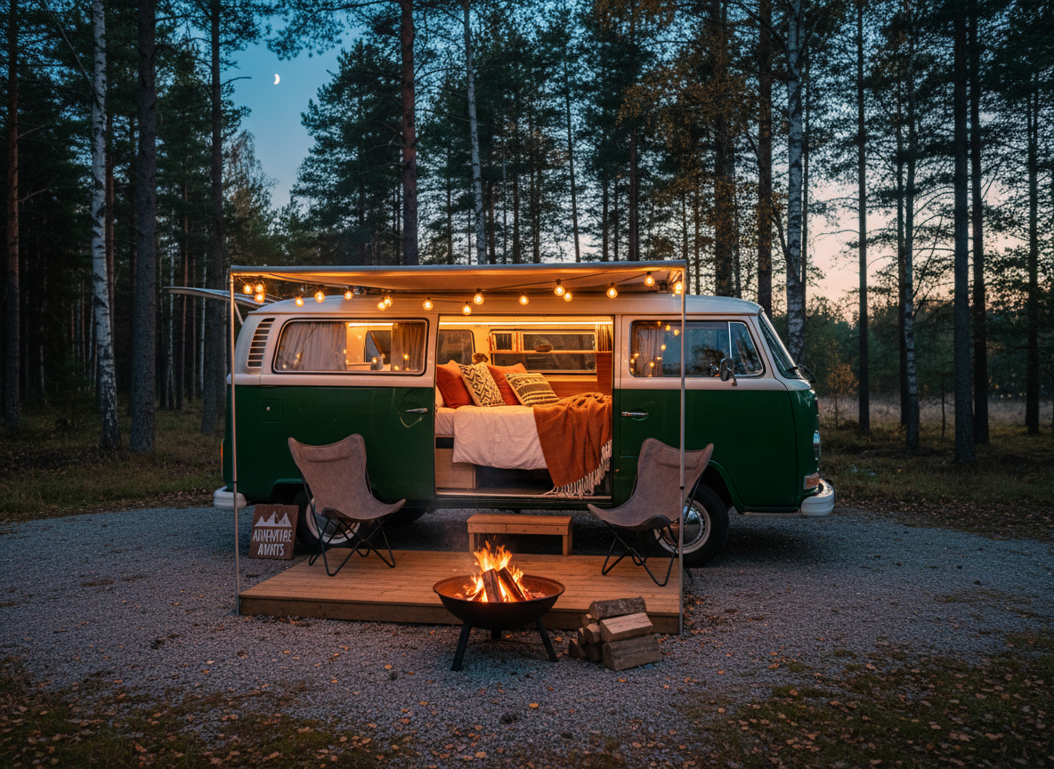 Cozy renovated camper van glamping setup at dusk, with string lights, a small wooden deck with two camp chairs, a fire pit glowing in front, the back doors of the camper open to reveal a neatly made bed with warm blankets, and trees in the background. Modern, inviting outdoor travel photography.