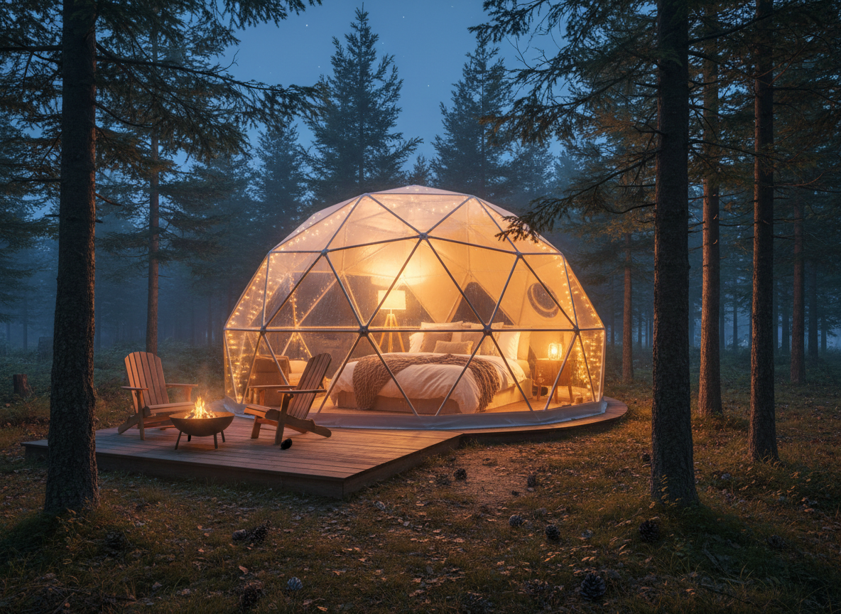 Cozy geodesic forest glamping dome at dusk with warm interior glow, visible bed and linens inside, soft string lights, a small wooden deck with two chairs in front, surrounded by tall pine trees and natural forest floor, inviting magical retreat vibe