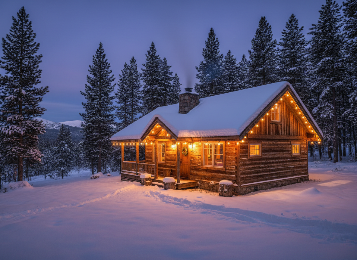 Cozy wooden mountain cabin at dusk with warm interior lights glowing through the windows, soft string lights outside, surrounded by pine trees and light snow, inviting wood exterior, landscape orientation